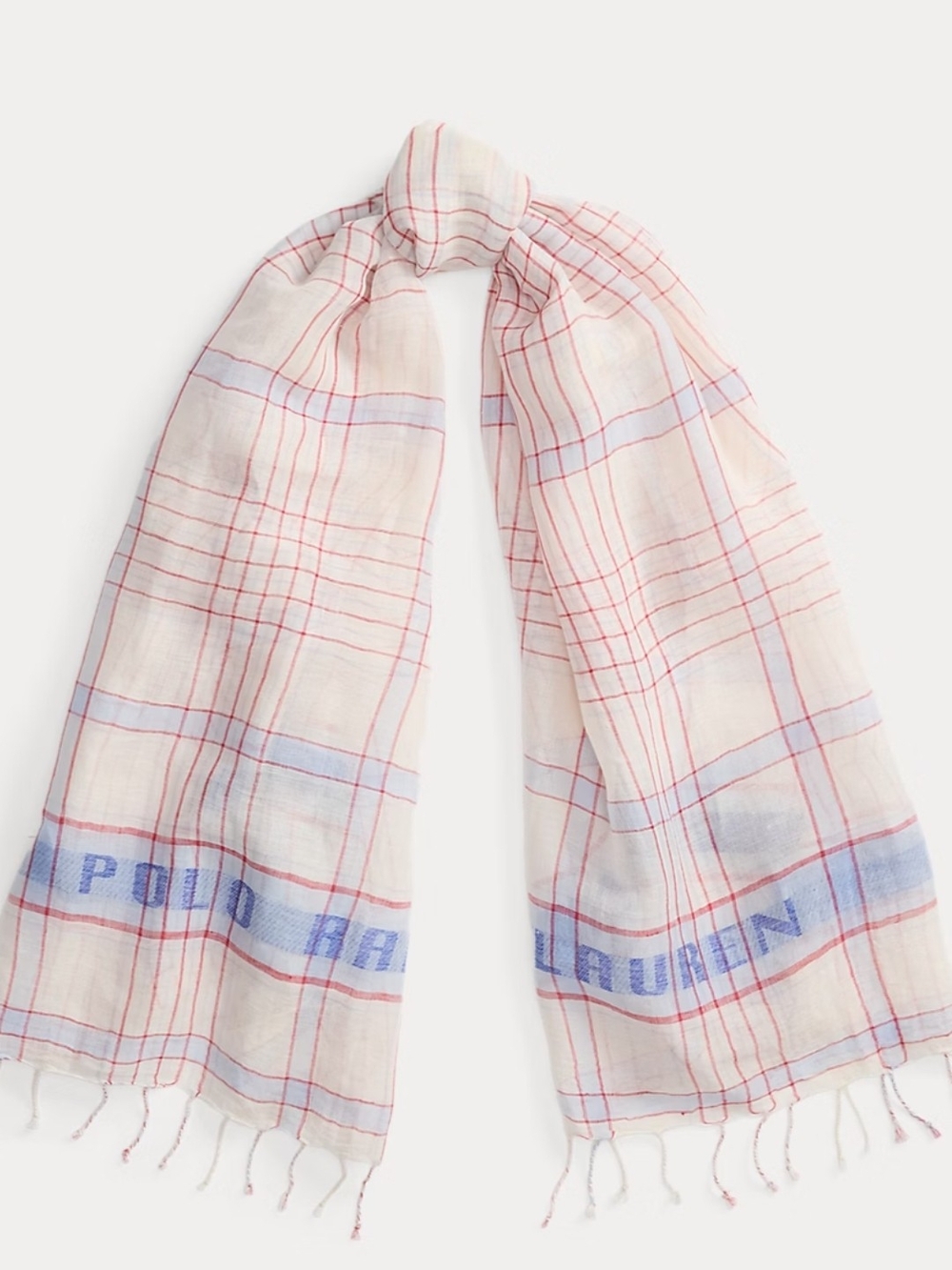 New Plaid Linen-Cotton Scarf Polo Ralph Lauren  Logo Woven Twisted Tasseled $148
